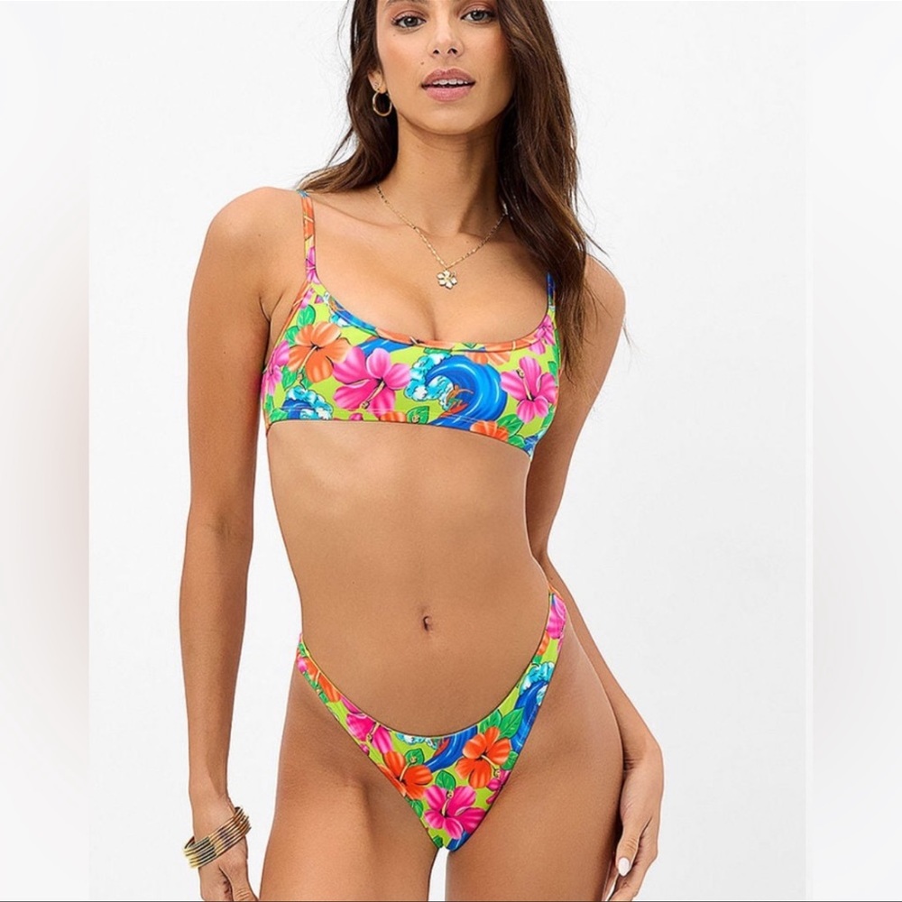 Frankie's Bikinis Blue and Pink High-Cut Bandeau Set - Picture 3 of 3